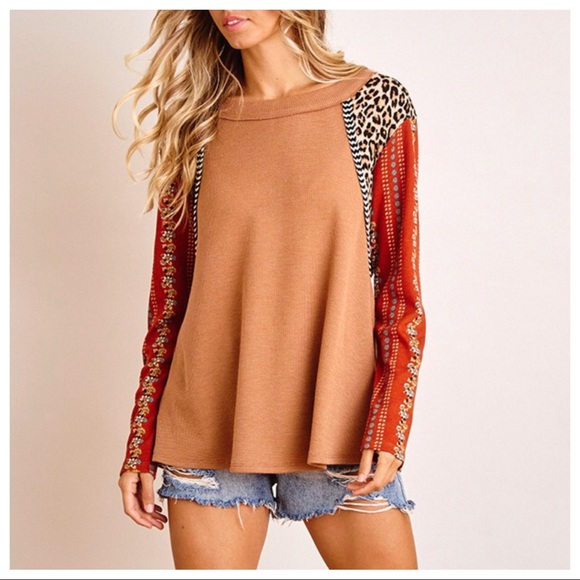 Aztec Mixed Print Contrast boho chic sleeve top - Picture 5 of 6